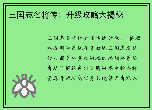 三国志名将传：升级攻略大揭秘